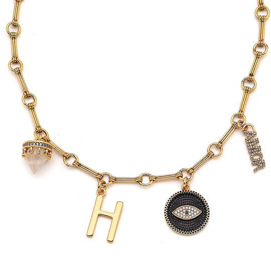 Adela Zircon Gold Plated Eye Letter Charm Chain Necklace - 