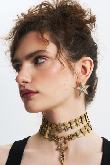 Algedi Zirkon Altın Kaplama Yıldız İğneli Küpe - (1)