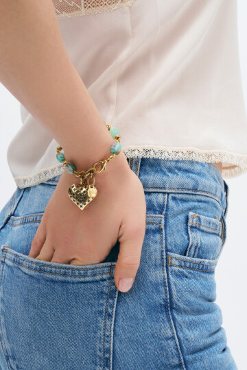 Aqua Dreams Turquoise Selenite Natural Stone Heart Charm Bracelet 