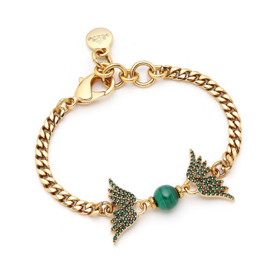Ashen Angel Wings Charm Malachite Chain Bracelet - 