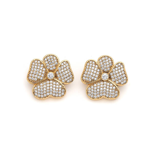 Audrey Gold Plated Zircon Clover Charm Pinned Earrings - 1