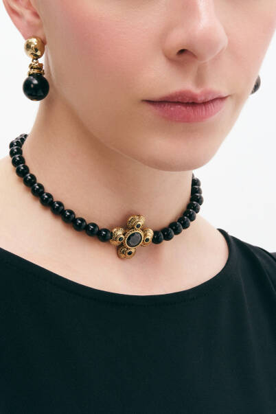 Aura Choker Onyx Gold Plated Zircon Clover Charm Necklace - 2