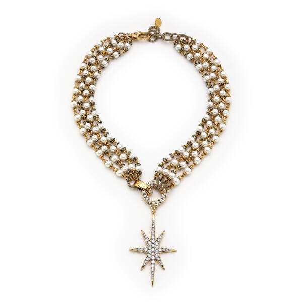 Aura Pearl Zircon Star Charm Evening Necklace - 1