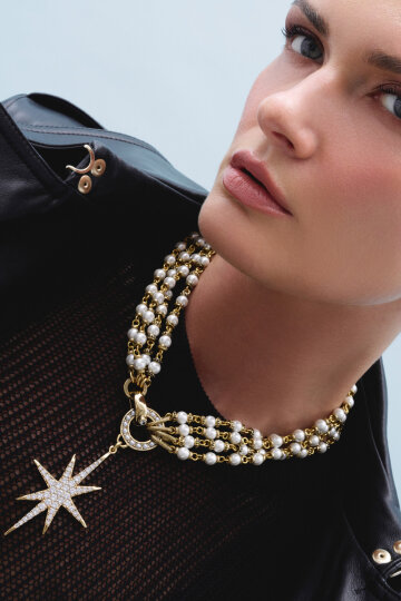 Aura Pearl Zircon Star Charm Evening Necklace - 