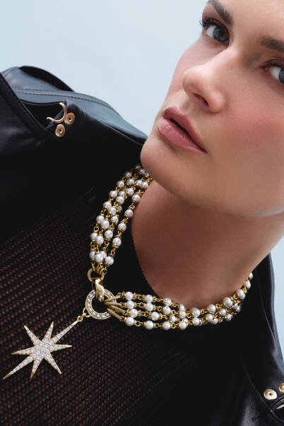 Aura Pearl Zircon Star Charm Evening Necklace - 1