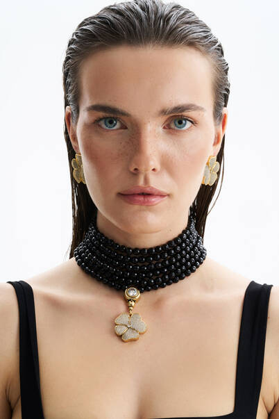 Aurora Oniks Zirkon Yonca Charm Abiye Kolye - 2