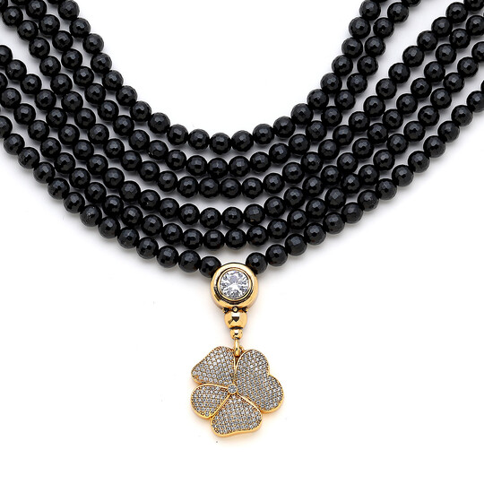 Aurora Oniks Zirkon Yonca Charm Abiye Kolye - 