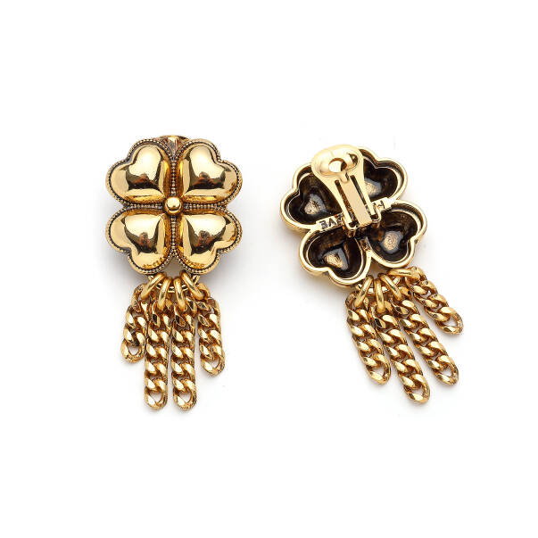 Auspira Clover Charm Chain Tassel Gold Plated Clip Earrings - 2