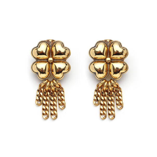 Auspira Clover Charm Chain Tassel Gold Plated Clip Earrings - 1