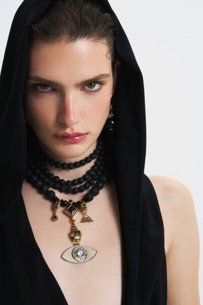 Away From Eyes Choker Onyx Gold Plated Evening Eye Multi Necklace - 3