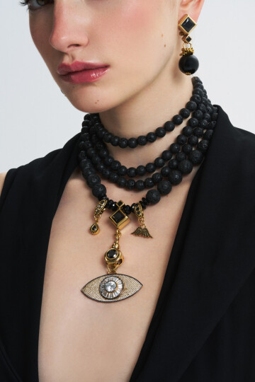 Away From Eyes Choker Onyx Gold Plated Evening Eye Multi Necklace - (1)