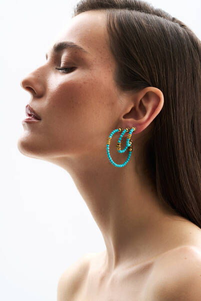 Azure Hoop Turquoise Natural Stone Gold Plated Hoop Pinned Earrings - 2