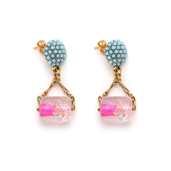 Azzure Bonbon Turquoise Glass Bead Pierced Earrings - 1