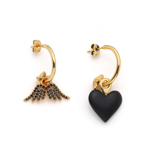 Black Angel Wings, Heart Pinned Earrings - 1