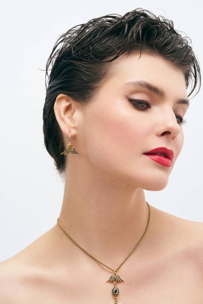 Black Angel Wings, Heart Pinned Earrings - 5