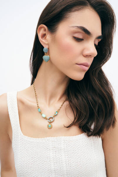 Blue Horizon Turkuaz Kalp Charm İğneli Küpe - 3