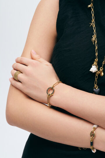 Boho Siyah Zirkon Oval Charm Zincir Bilezik - (1)