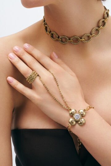 Bold Orbit Clover Charm Gold Plated Chain Hand Bracelet - (1)