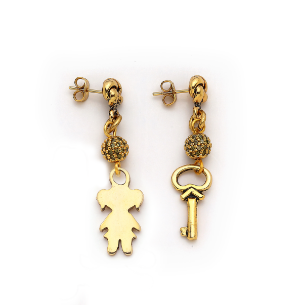Celeste Gold Plated Key, Girl Charm Pinned Earrings - 1