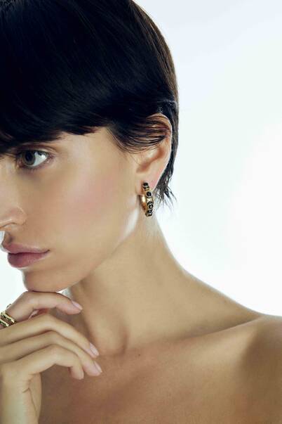 Celestial Black Zircon Gold Plated Hoop Pinned Earrings - 2