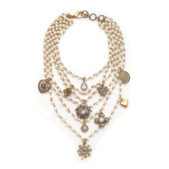 Charmy Rich Heart, Clover Charm Pearl Necklace - 