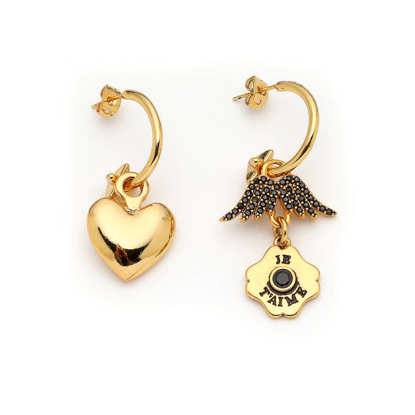 Chloe Gold Plated Heart, Angel Wing Charm Pinned Earrings - 1