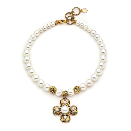 Clover Grace Pearl Gold Plated Clover Pearl Charm Necklace 