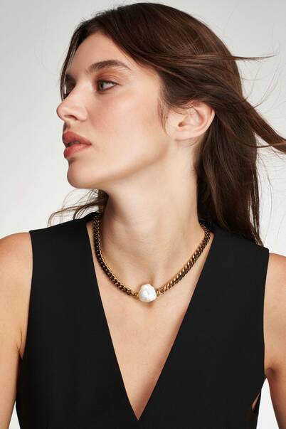 Compass Pearl Gold Plated Chain Necklace - 1