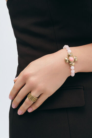 Coral Mirage Pink Quartz Clover Charm Natural Stone Bracelet - (1)