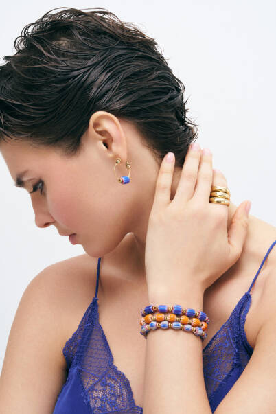 Desert Hoop Glass Bead Gold Plated Pierced Hoop Earrings - 8