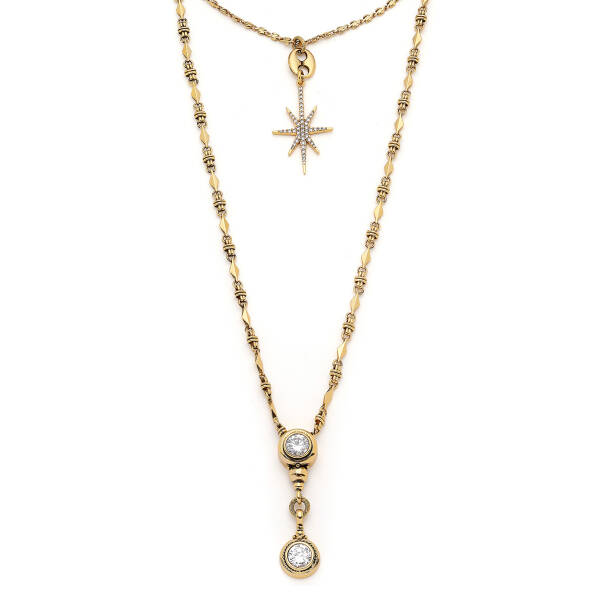 Double Assist Gold Plated Star Charm Multi Chain Necklace - 3