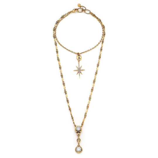 Double Assist Gold Plated Star Charm Multi Chain Necklace 