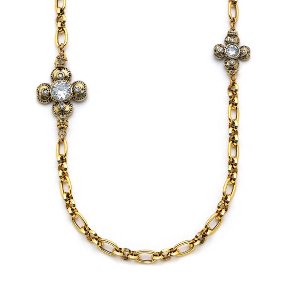 Double Luck Gold Plated Clover Zircon Charm Chain Necklace - 1