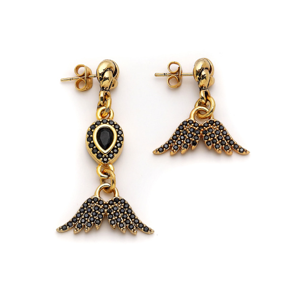 Dropped Angel Black Zircon Wings Pinned Earrings - 1