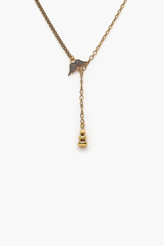 Edgy Gold-Plated Black Zircon Chain Necklace with Wing Charm - (1)