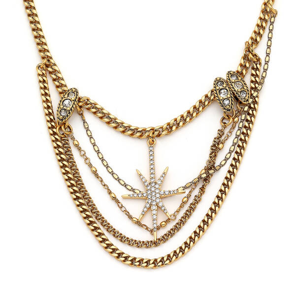 Electra Gold Plated Zircon Star Charm Multi Chain Necklace - 4