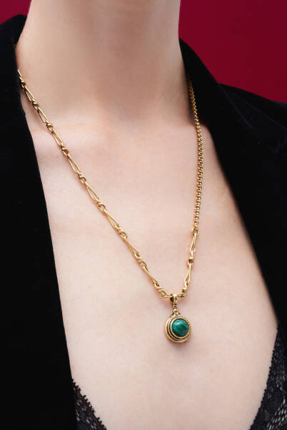 Emerald Soil Malachite Natural Stone Charm Gold Plated Chain Necklace - 4