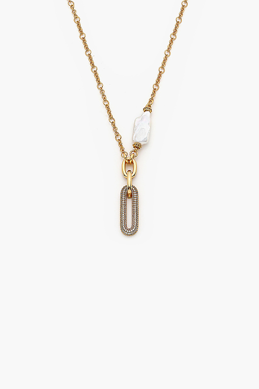 Enough Gold-Plated Long Pearl and Zircon Charm Chain Necklace - (1)