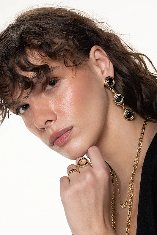 Esme Triple Gold-Plated Black Zircon Clip-On Earrings - (1)