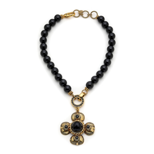 Eve Onyx Gold Plated Clover Charm Necklace 