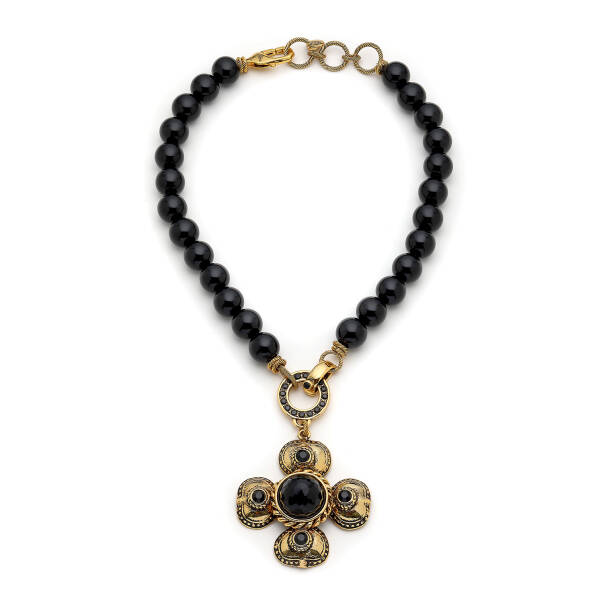 Eve Onyx Gold Plated Clover Charm Necklace - 1