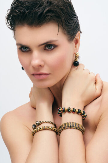 Faye Siyah Zirkon Altın Kaplama Kelepçe Bilezik - (1)