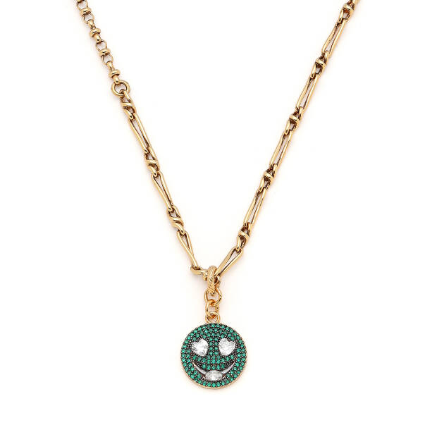 Fern Zircon Smiley Face Charm Gold Plated Chain Necklace - 3
