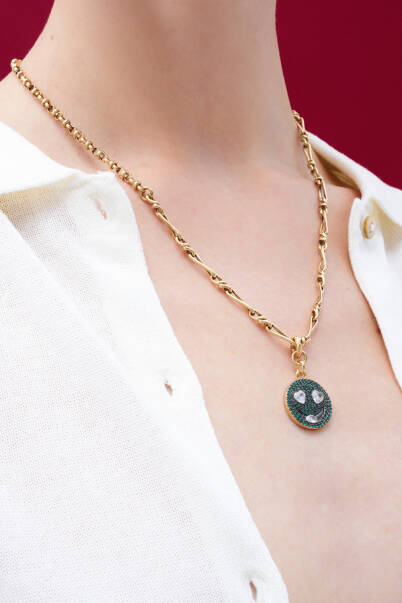 Fern Zircon Smiley Face Charm Gold Plated Chain Necklace - 4