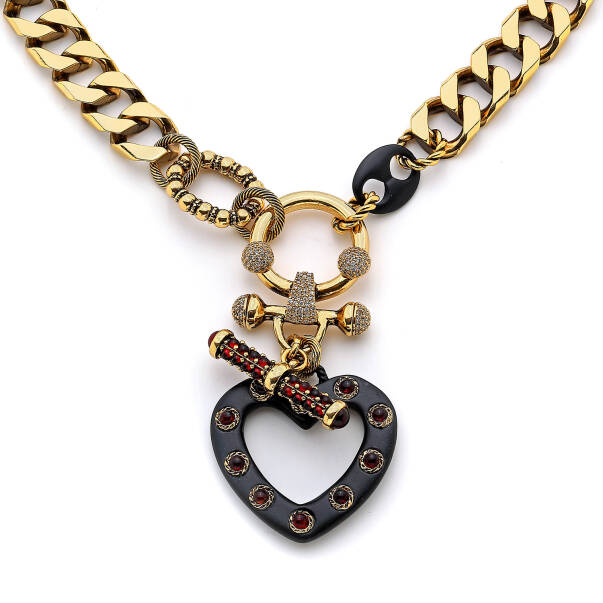 Forever Yours Altın Kaplama Siyah Kalp Zincir Kolye - 2