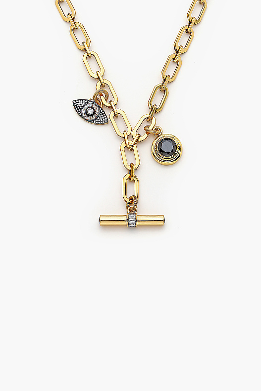 Free Form Gold-Plated Black Zircon Chain Necklace with Wing Charm - (1)