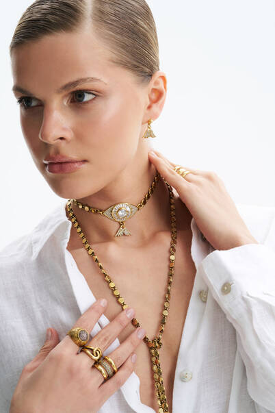 Gaze Craft Gold Plated Zircon Eye Charm Lariat Chain Necklace - 1