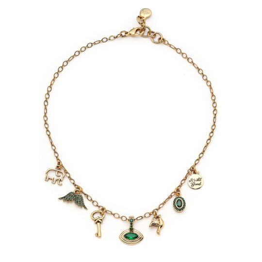 Gaze Wing, Key & Eye Zircon Charm Gold Plated Chain Necklace 