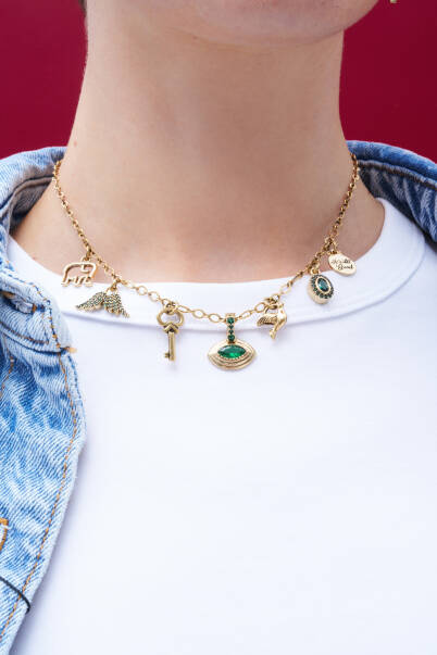 Gaze Wing, Key & Eye Zircon Charm Gold Plated Chain Necklace - 4