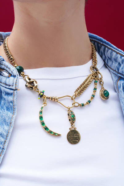 Glowroot Malachite Natural Stone Moon Charm Gold Plated Chain Necklace - 1